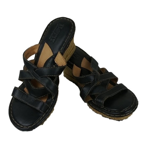 BORN Brown Leather Upper Round Toe Wedged Heel Slide Espadrille Sandal Shoe - Picture 1 of 14